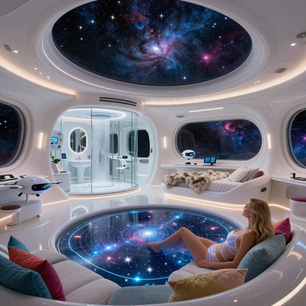 Luxury Spacecraft Cabin Interior With Woman And Star Map