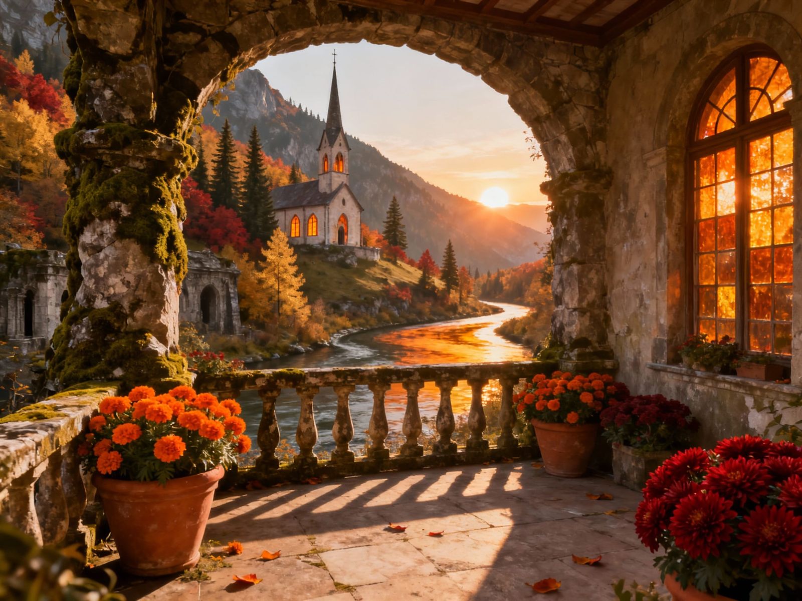 Golden Hour Mountain Valley View from Stone Archway