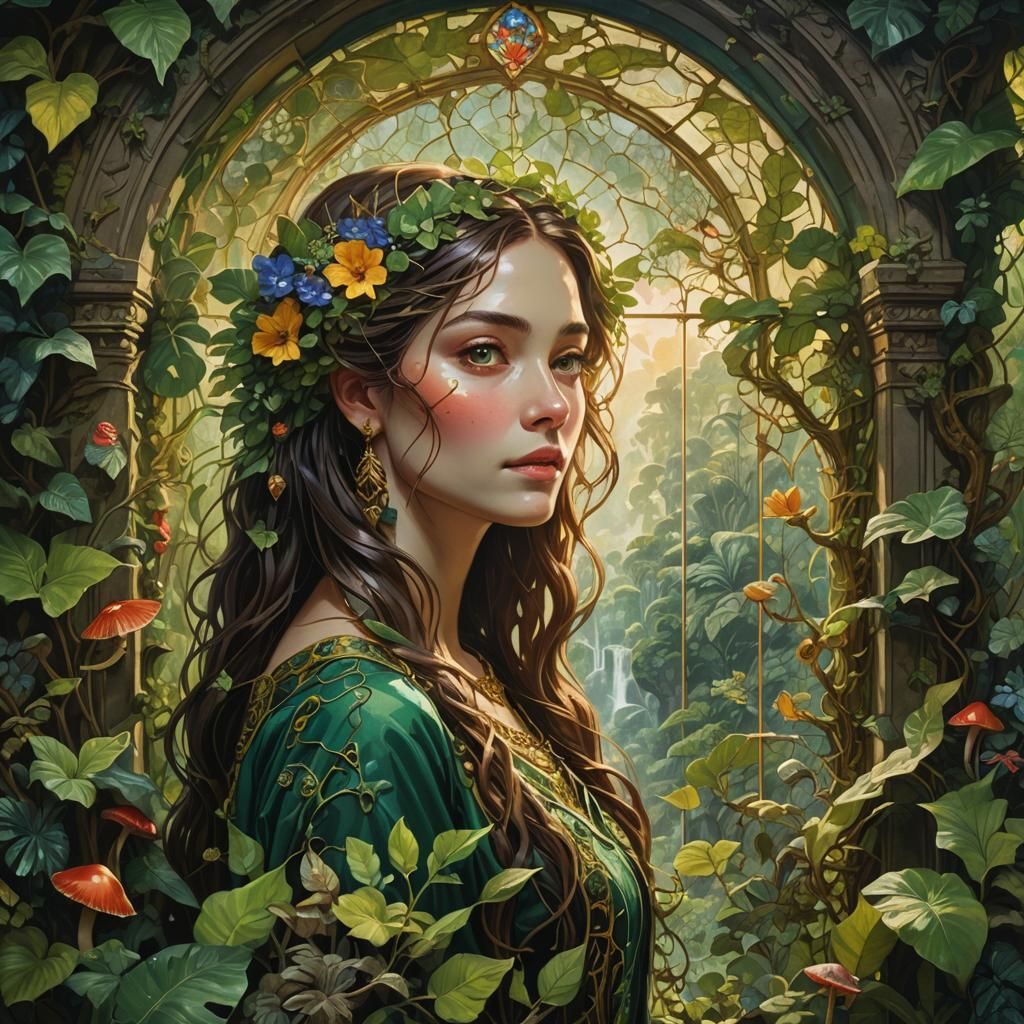 Woman Gazing at Rainforest in Digital Painting Style