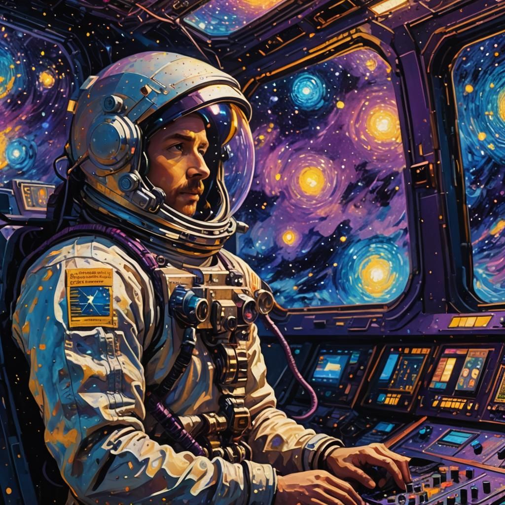 Astronaut in Spaceship Control Room: Pointillism Dream