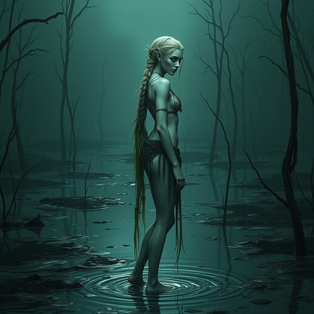 Slender Elf Woman in Black Marsh Twilight