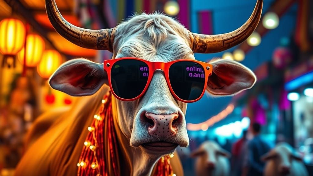 Trendy Cow at Festival: A Murakami-Inspired Qurbani Scene