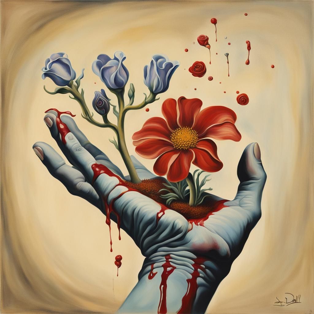 Surreal Flowers Bloom From Wound: A Dreamy Oil Painting