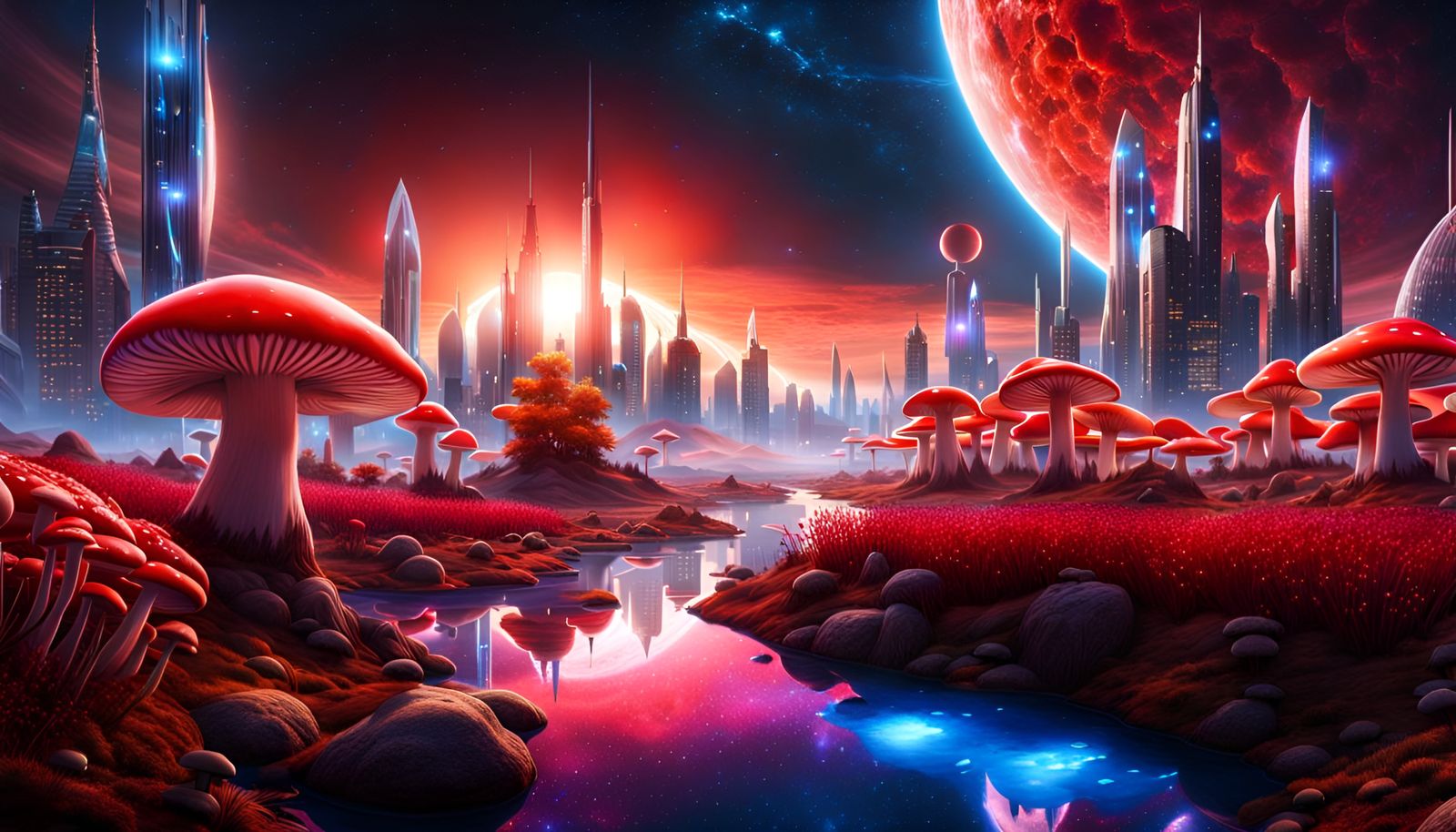 Surreal Sci-Fi Cityscape with Crystalline Structures