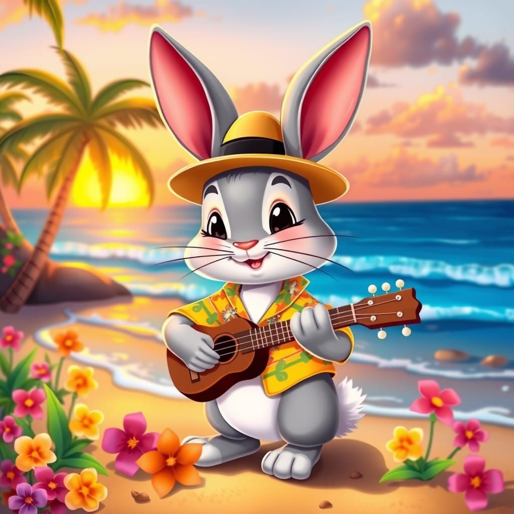 Cartoon Rabbit Plays Ukulele on Tropical Beach at Sunset