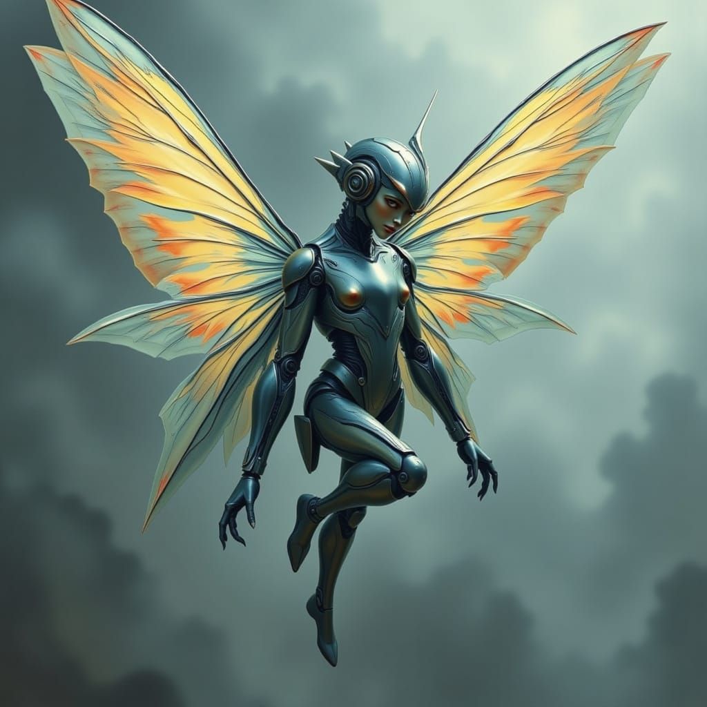 Cyborg Fairy Soaring in Futuristic Skies