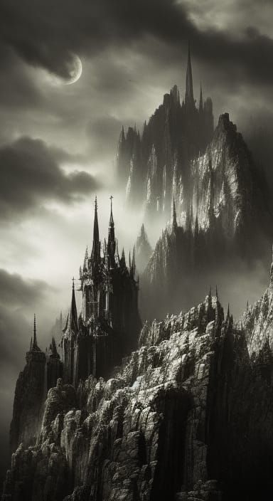 Gargoyles in Lightning Storm: Black and White Ink Drawing