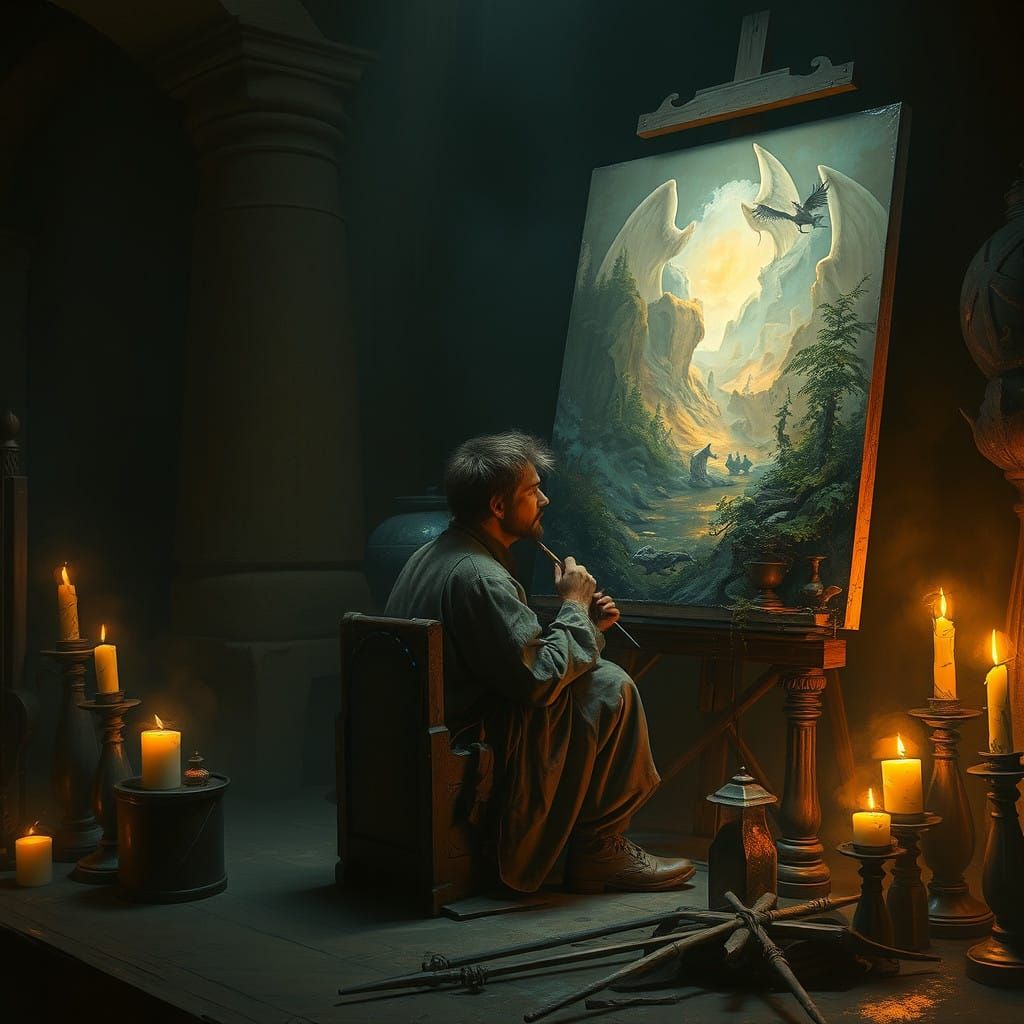 Painter Ensnared by Ethereal Brushstrokes in a Forgotten Pas...