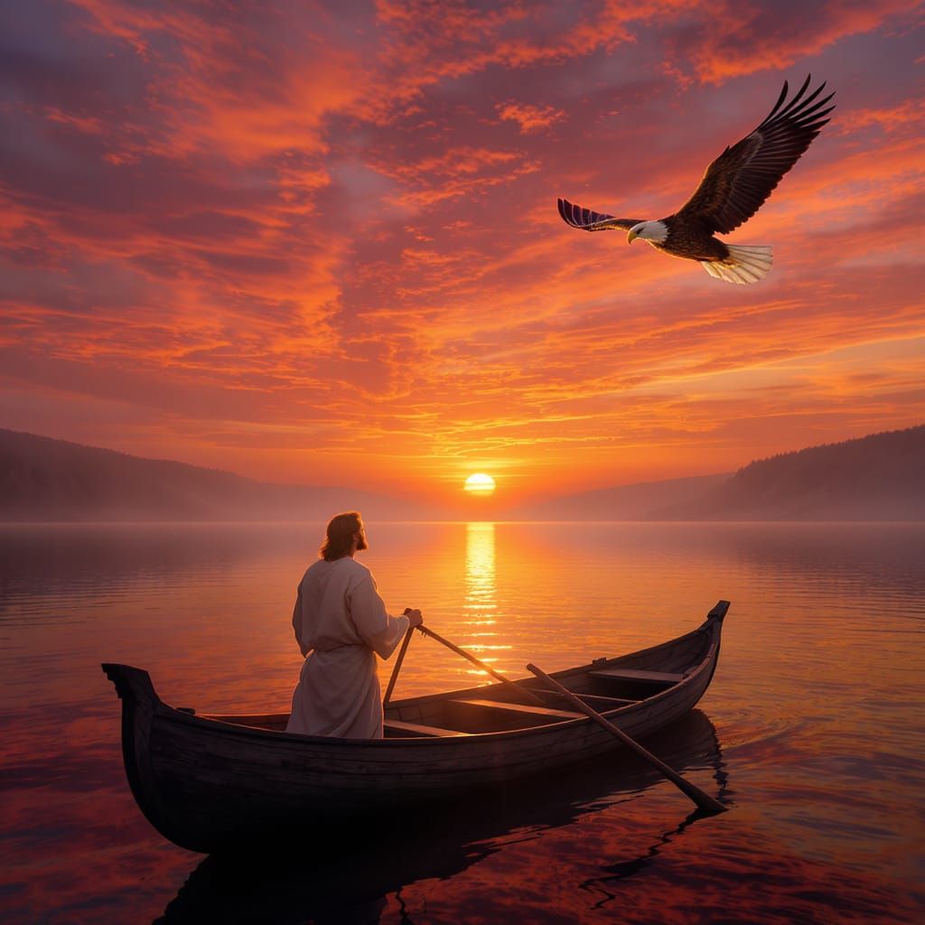 Jesus Gazes at Sunset from Boat with Eagle