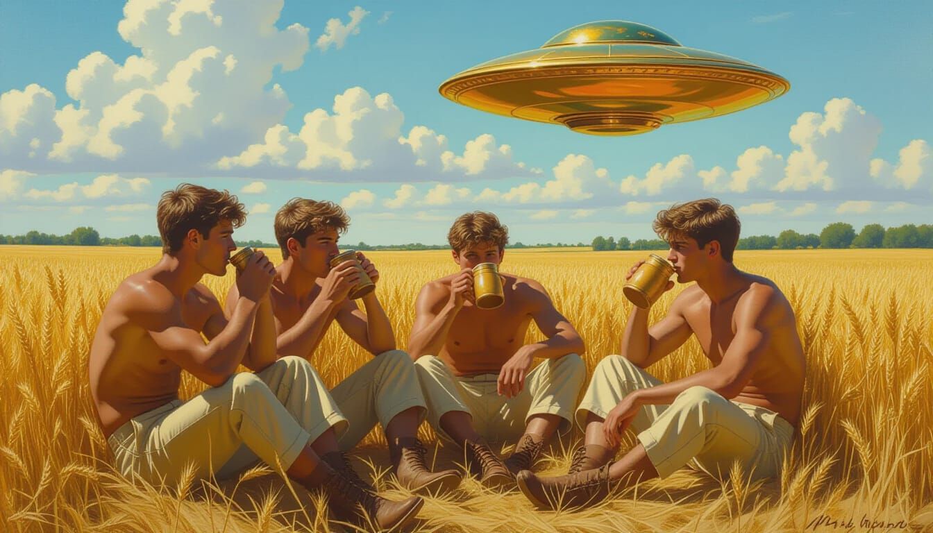 Golden Saucer Over Wheatfield: Chiaroscuro Oil Painting