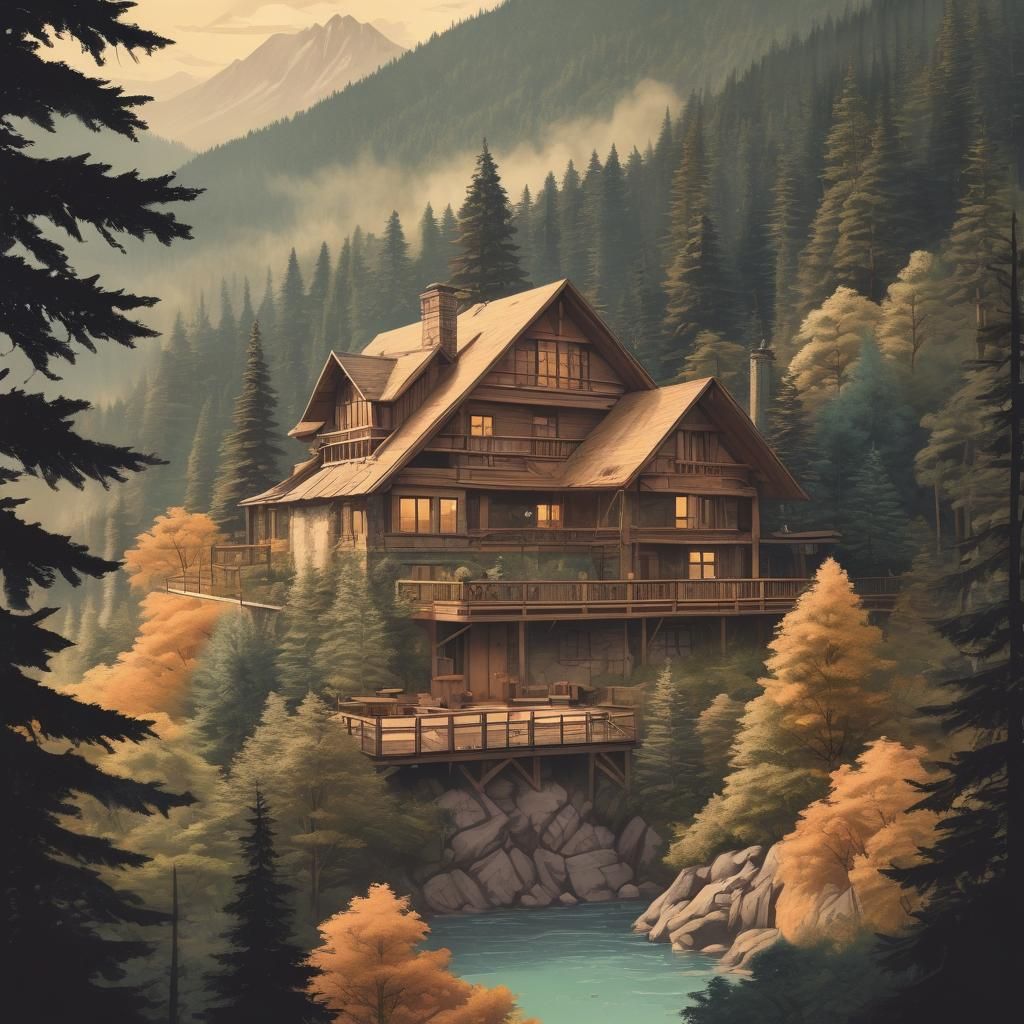 Retro Travel Poster of Mountain Lodge in Pastel Colors