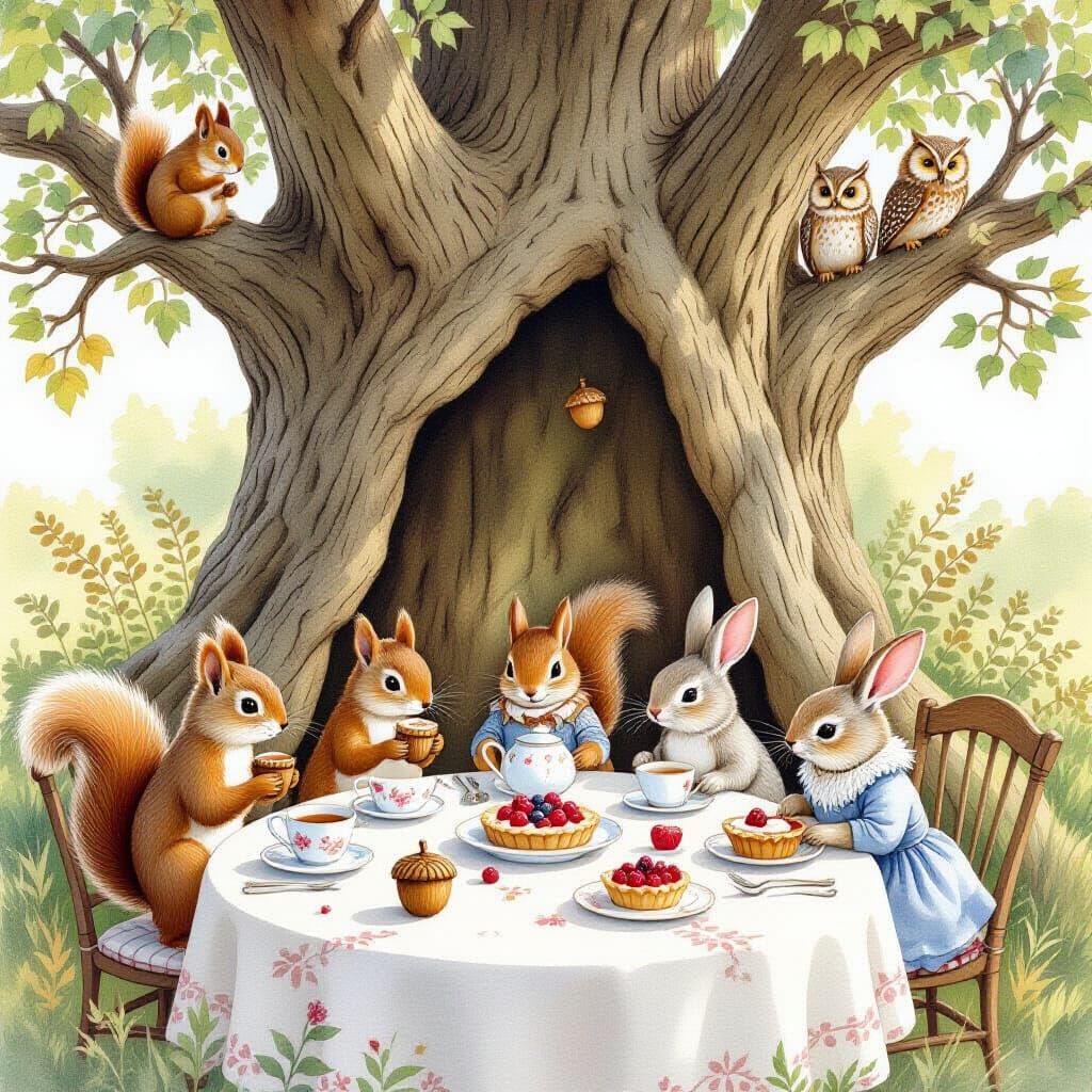 Enchanted Tea Party in Ancient Tree, Watercolor Style