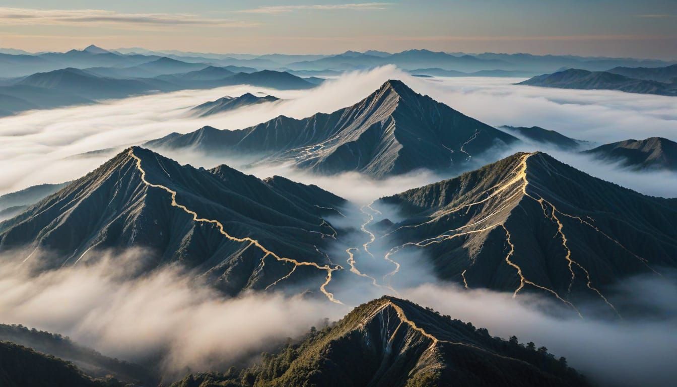 Kintsugi Style Landscape with Misty Mountains