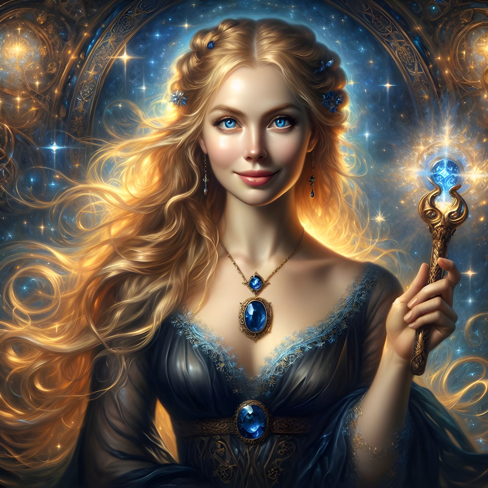 Ethereal Goddess with Sapphire Accents and Celestial Backgro...