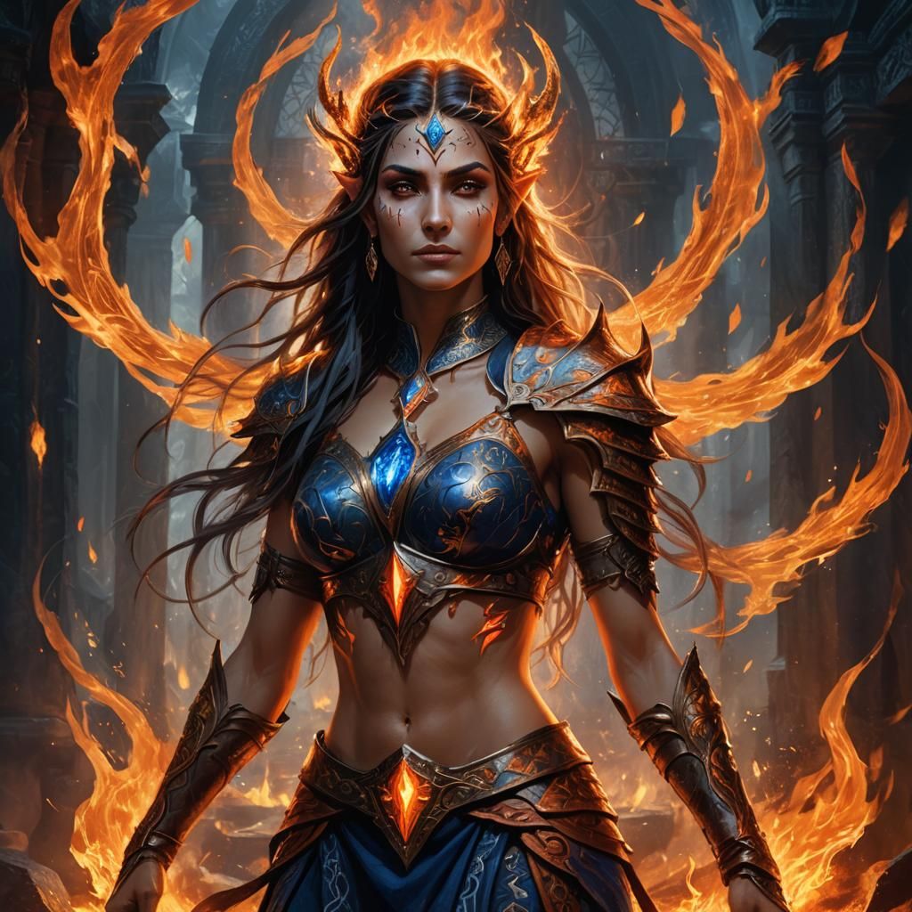 Eladrin Woman Amidst Flames and Magic