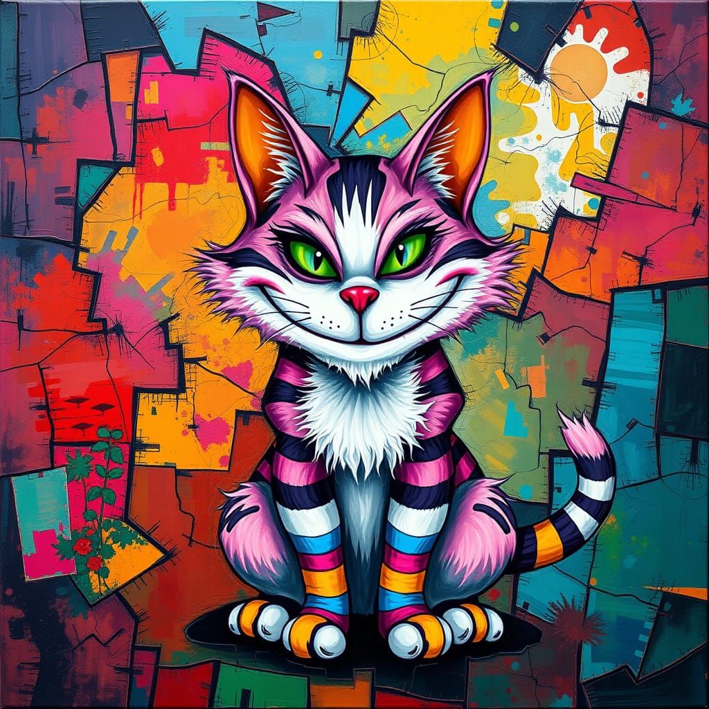 Cheshire Cat with Striped Socks in Abstract Oil Painting Sty...