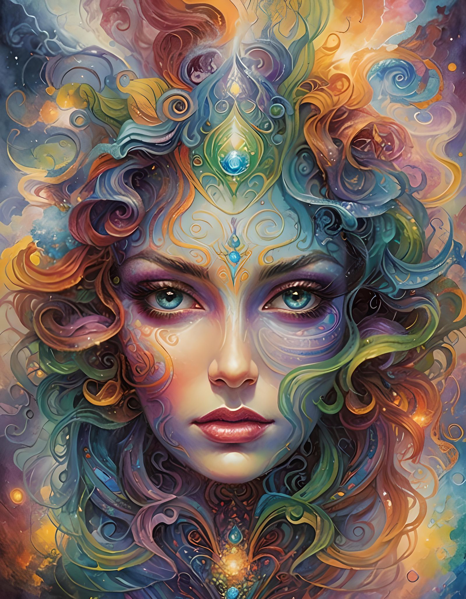 Psychedelic Female Face with Ethereal Mist