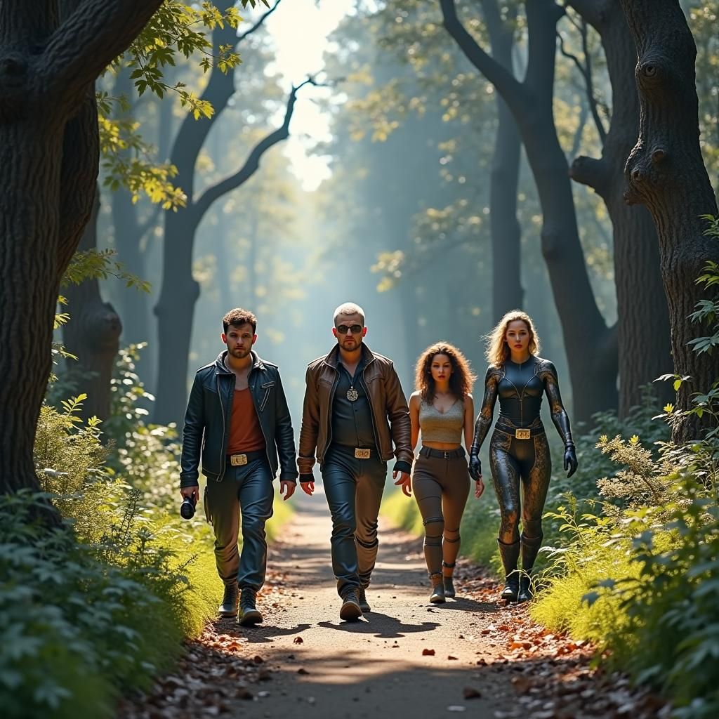 Red Dwarf Crew in Misty Forest, Futuristic Style