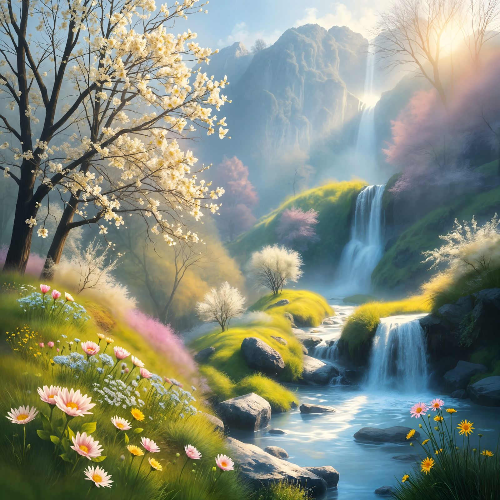 Blossoming Spring Oasis with Gentle Waterfall