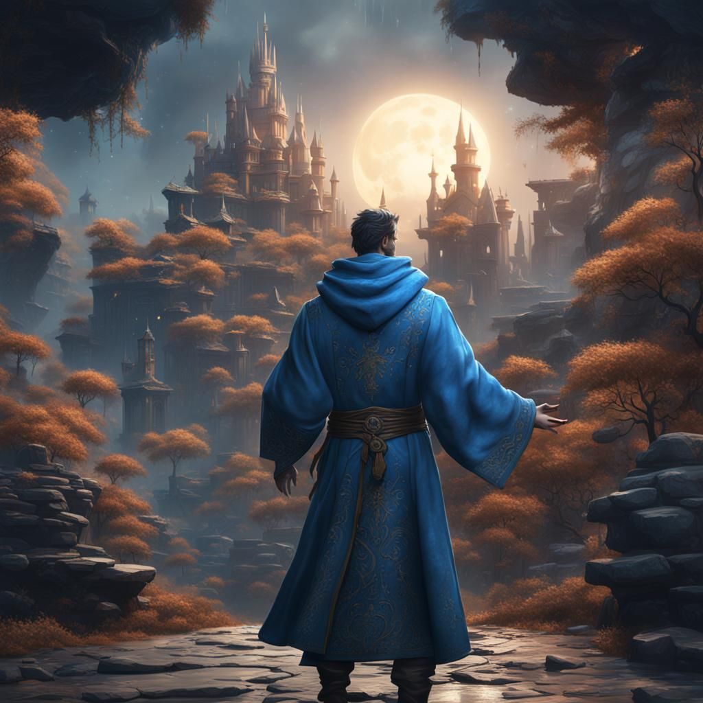 Man in Blue Robe: Detailed Fantasy Concept Art