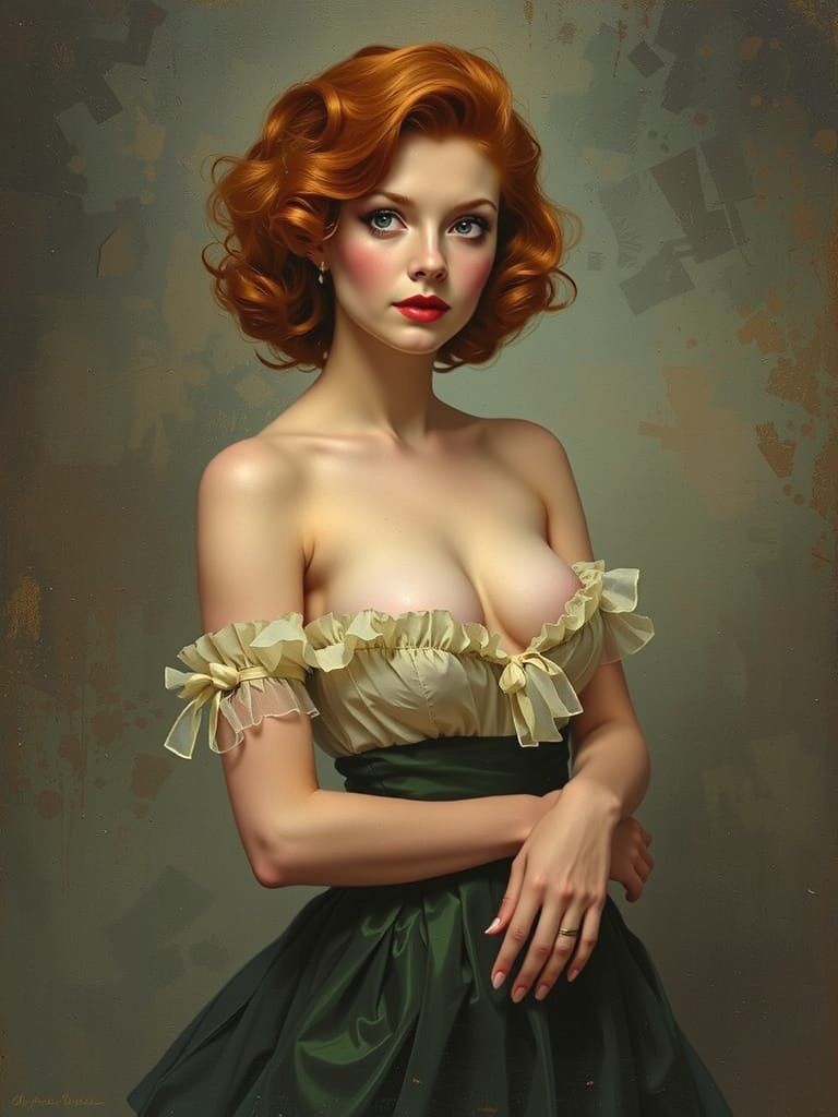 1950s Redhead Pin-Up in Alphonse Mucha Style