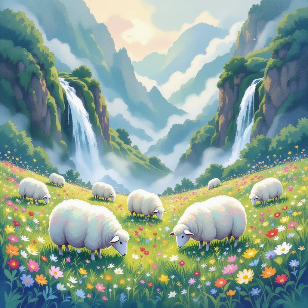 Bioluminescent Sheep in Hidden Valley, Watercolor Style
