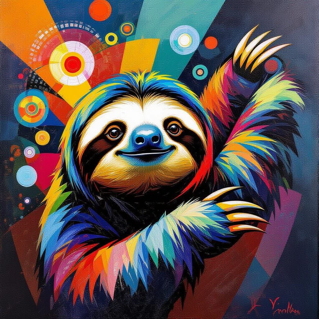 Energetic Sloth in Vibrant Abstract Art Style