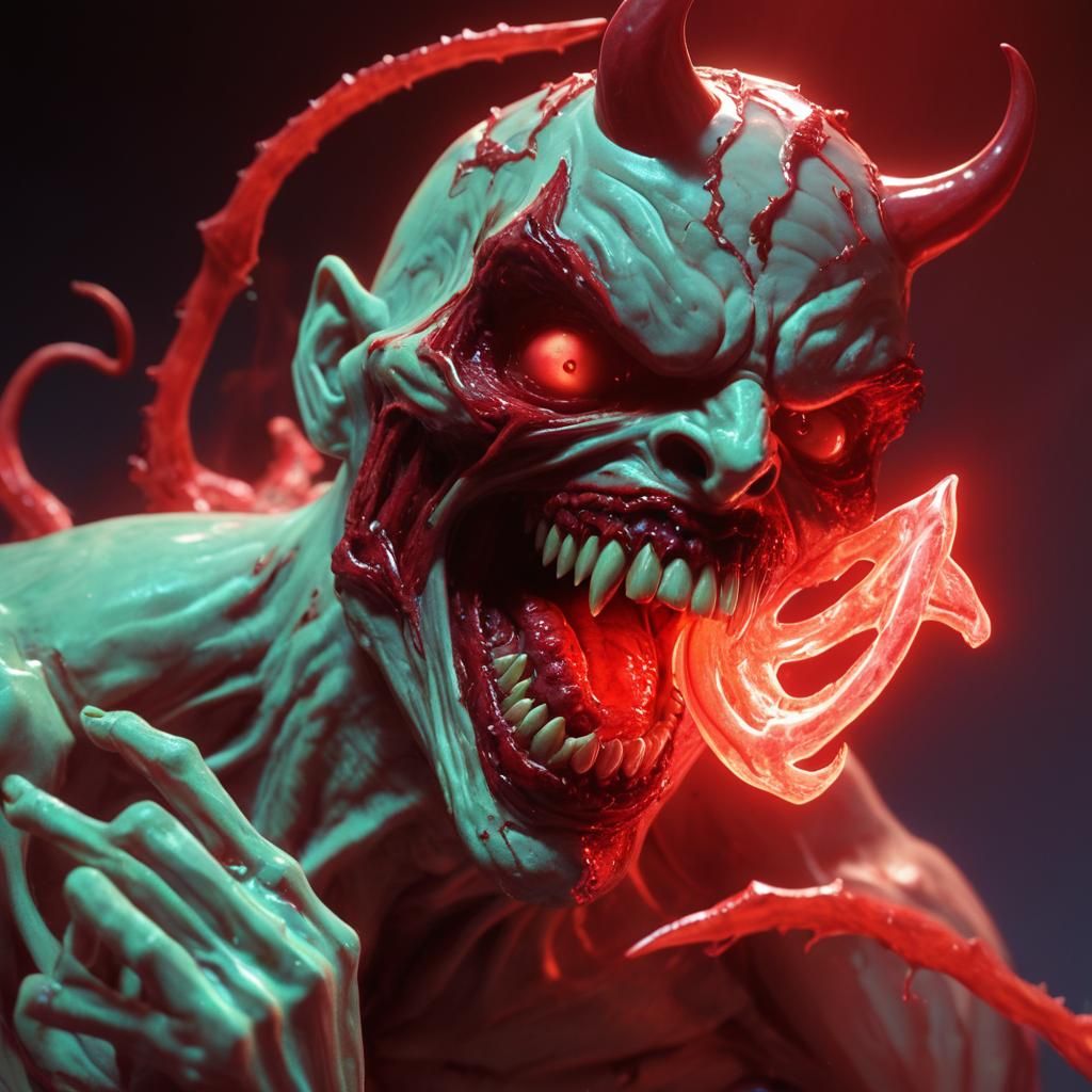 This depiction of a cel-shaded man, with the (Devil) inside him,ripping,clawing; intense noctilucent, resin casted-lens ...