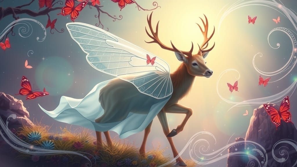 Ethereal Deer with Butterfly Wings in Dreamscape