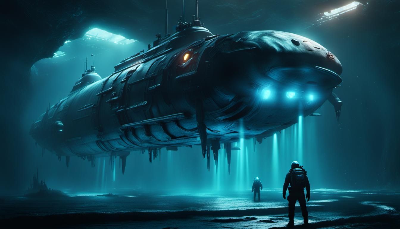 Bioluminescent Abyss Monster and Futuristic Submarines