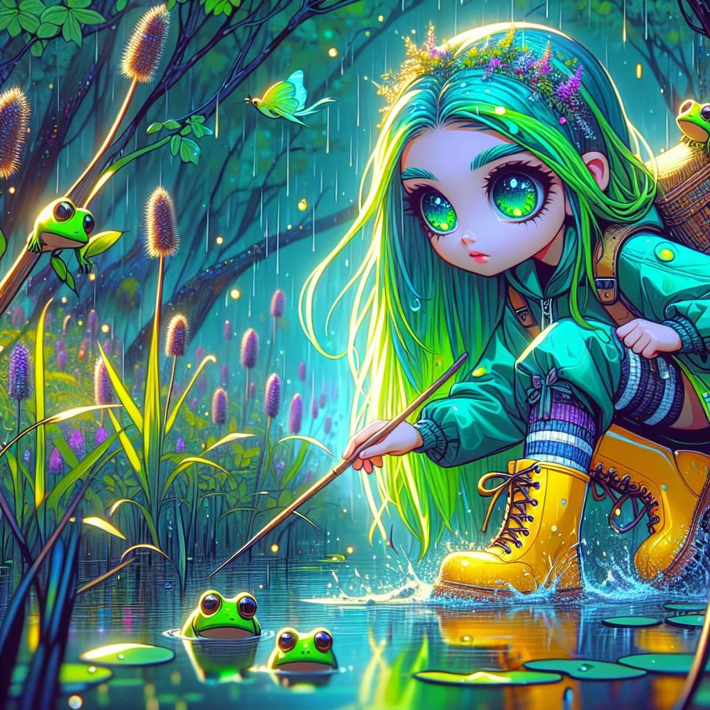 Cartoon Girl with Green Hair Catches Frogs