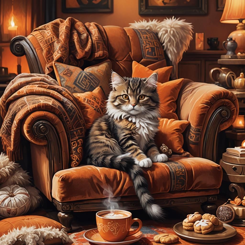 Cozy Cat Nap on Velvet Chair: Whimsical Art