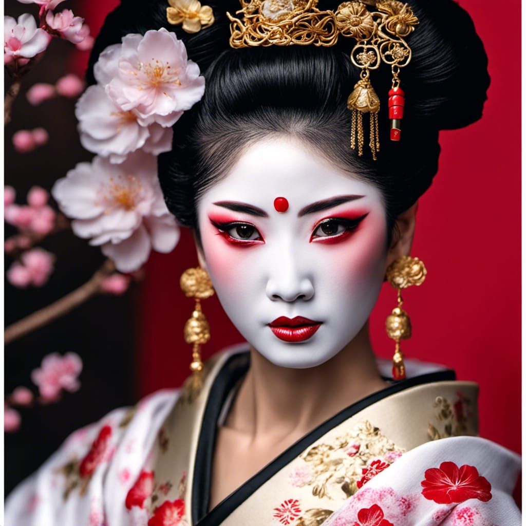 Beautiful Geisha in Sakura Kimono, Hyperrealistic Style