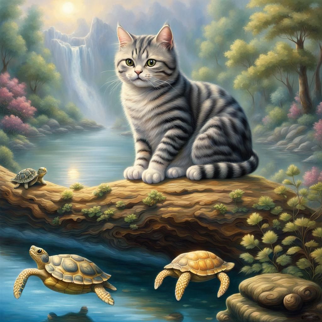 American Shorthair Cat and Turtle in Ethereal Style