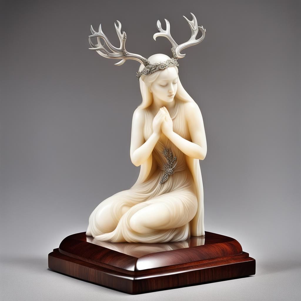 Alabaster Figurine of Antlered Woman with Roses