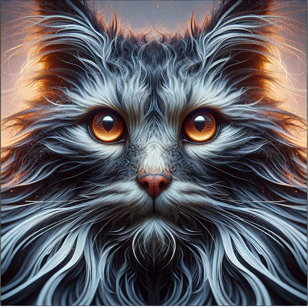 a graceful feral cat with enormous amber eyes and scruffy untidy gray and black striped fur sits watching the viewer. Cr...