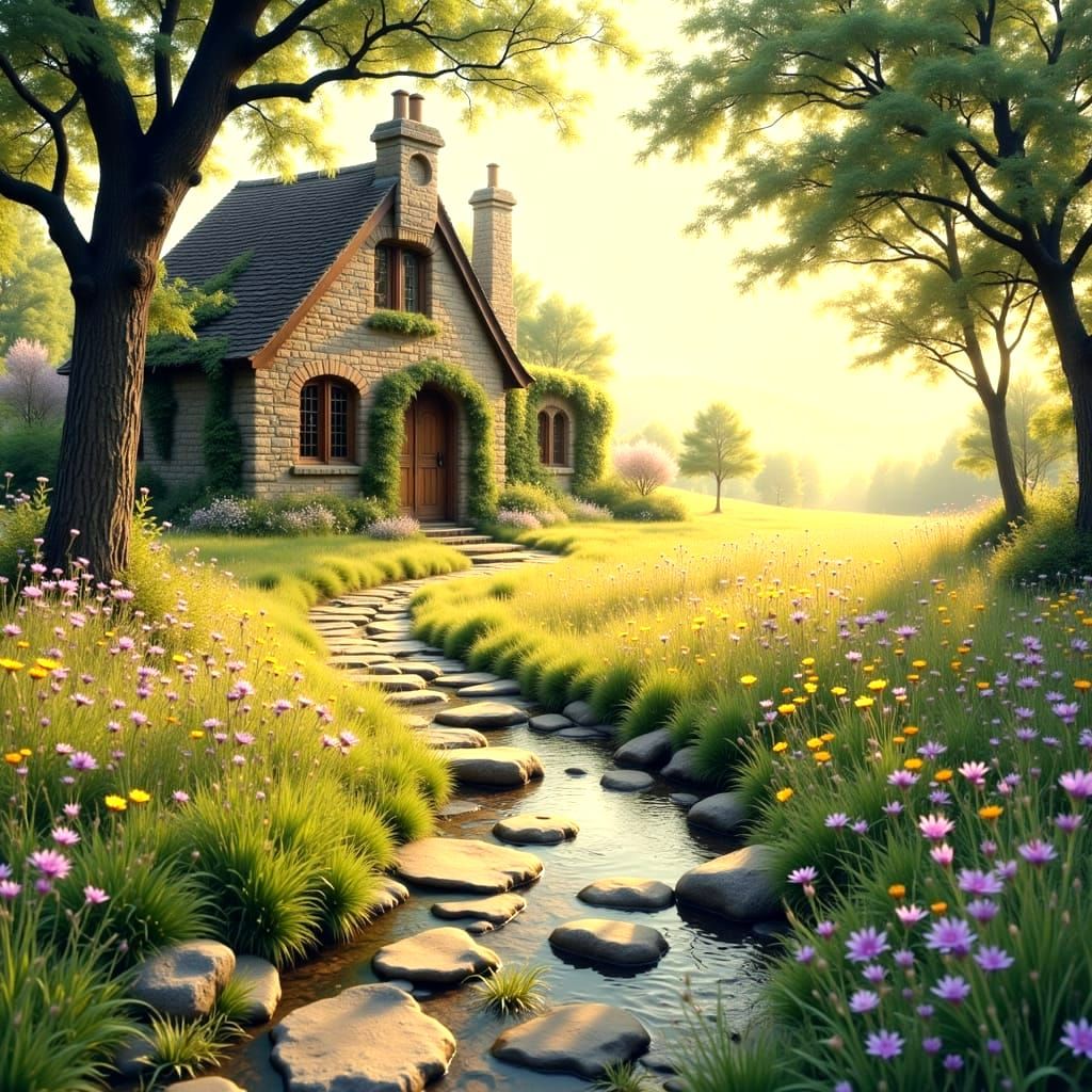 Misty Meadow Pathway to a Charming Cottage