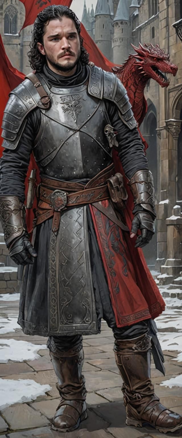 Jon Snow in Winterfell with Red Dragon Banner