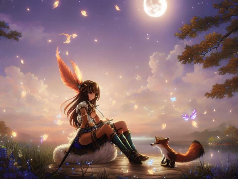 Mystical Fox Flute Serenade in Astral Lake