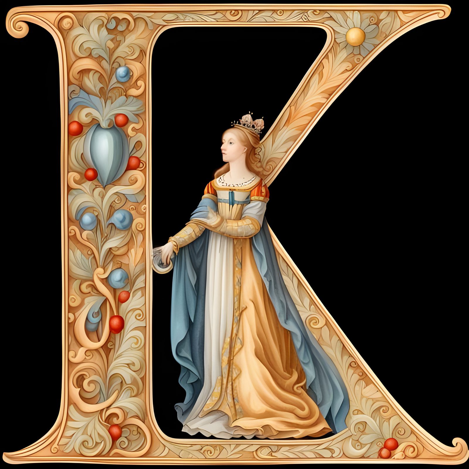 Medieval Princess Beside Initial K in Rococo Style