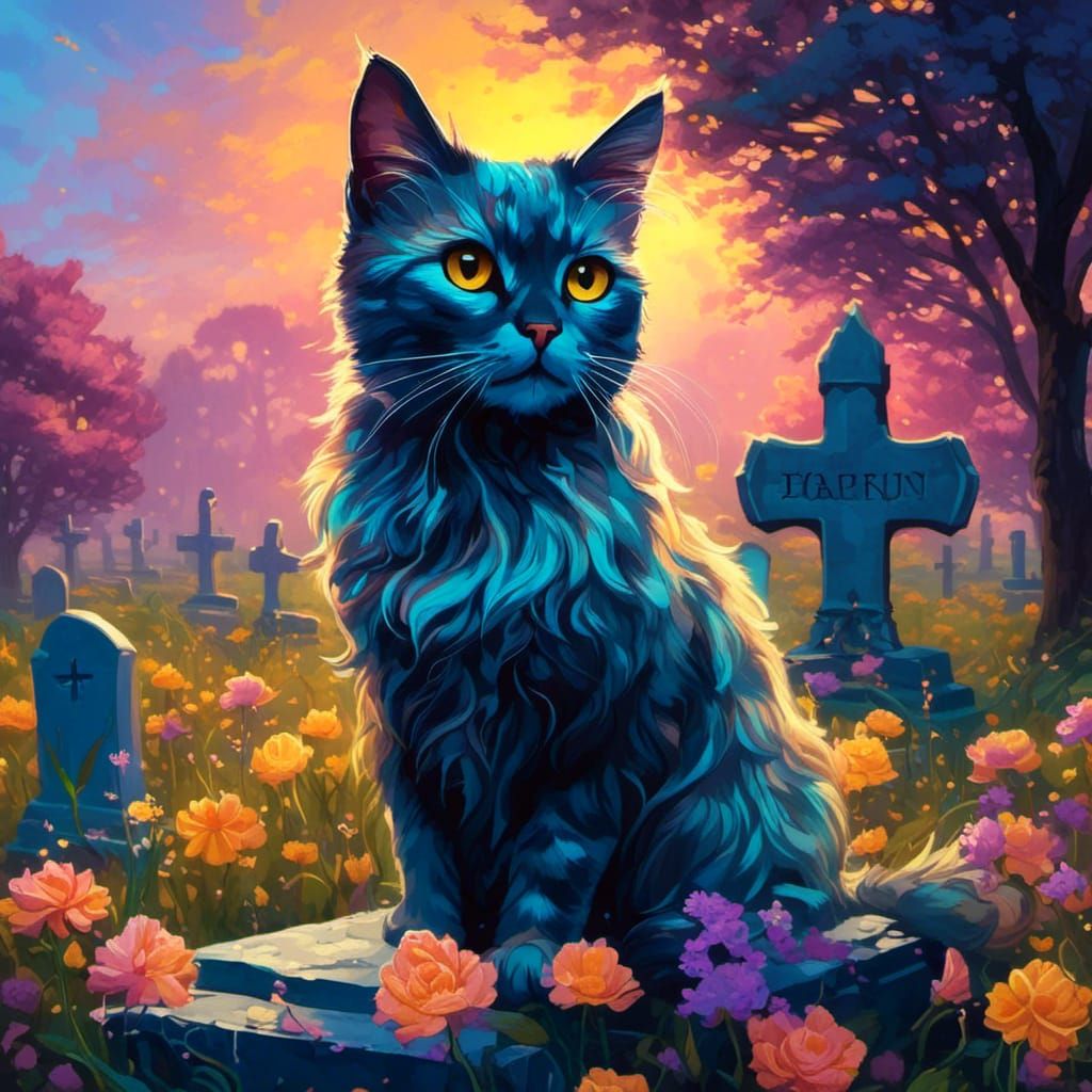 Bioluminescent Cat Portrait in Sunset Glow Garden