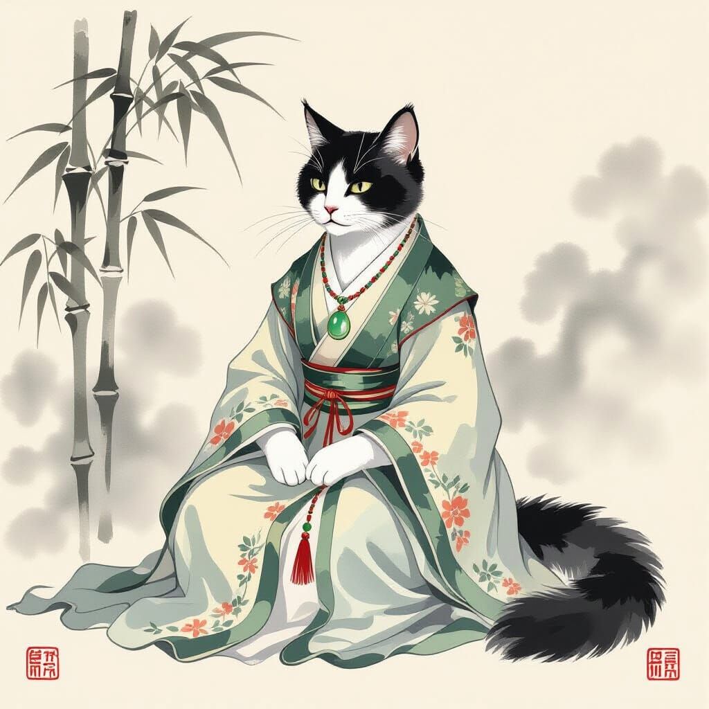 Elegant Chinese Cat Noble in Ink Wash Painting Style