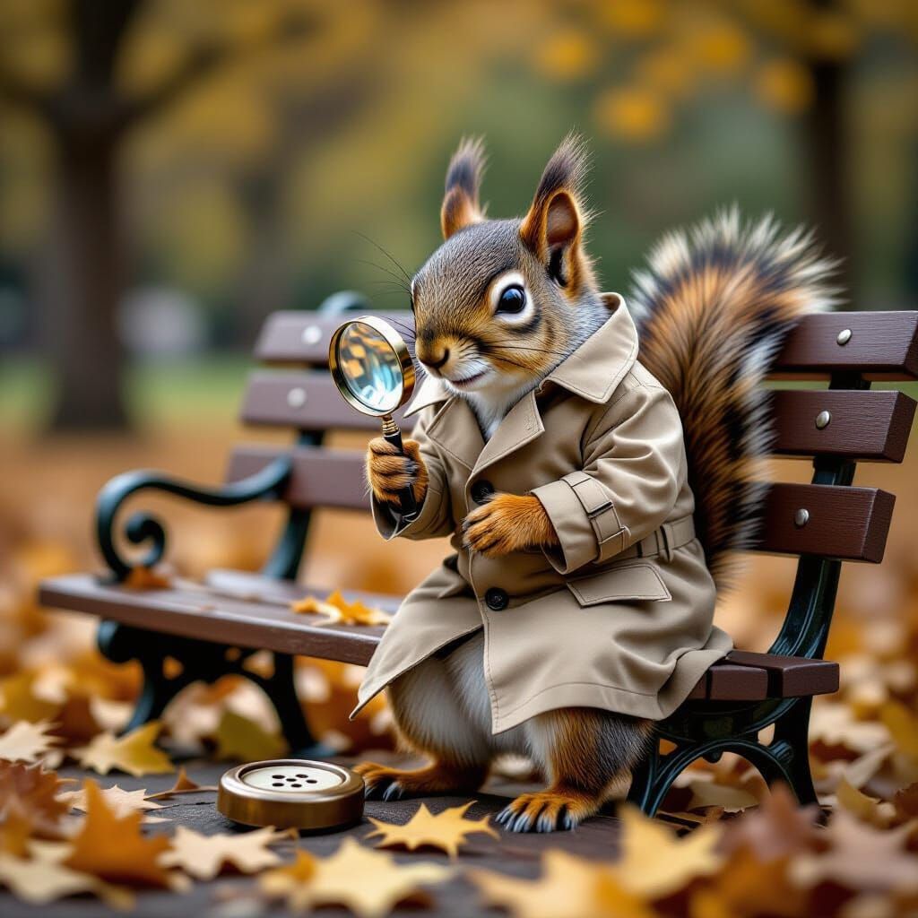 Squirrel Detective Examines Button in Autumn Park