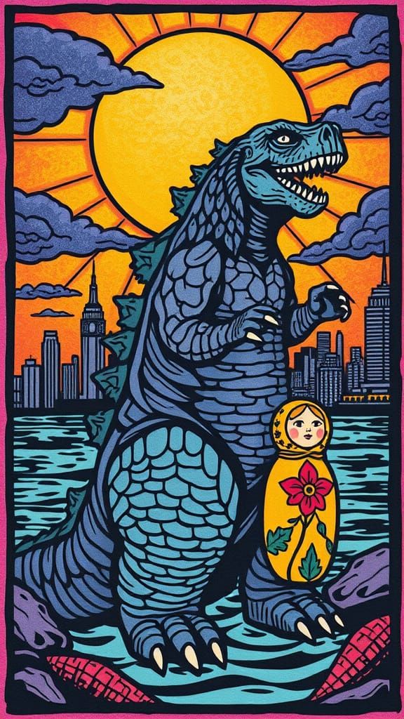 Godzilla in Vibrant Stained Glass Matryoshka Style