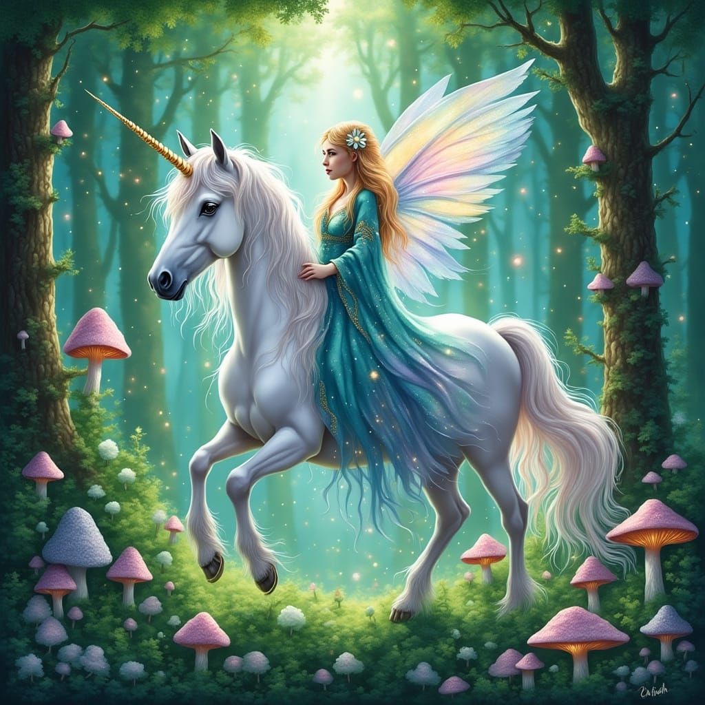 Fairy Riding Unicorn in Enchanted Forest