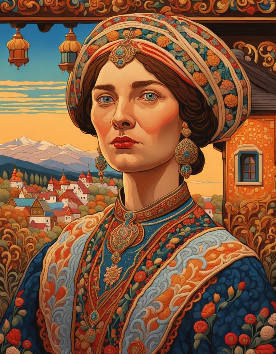 Hungarian Woman in Traditional Dress, Bilibin Style