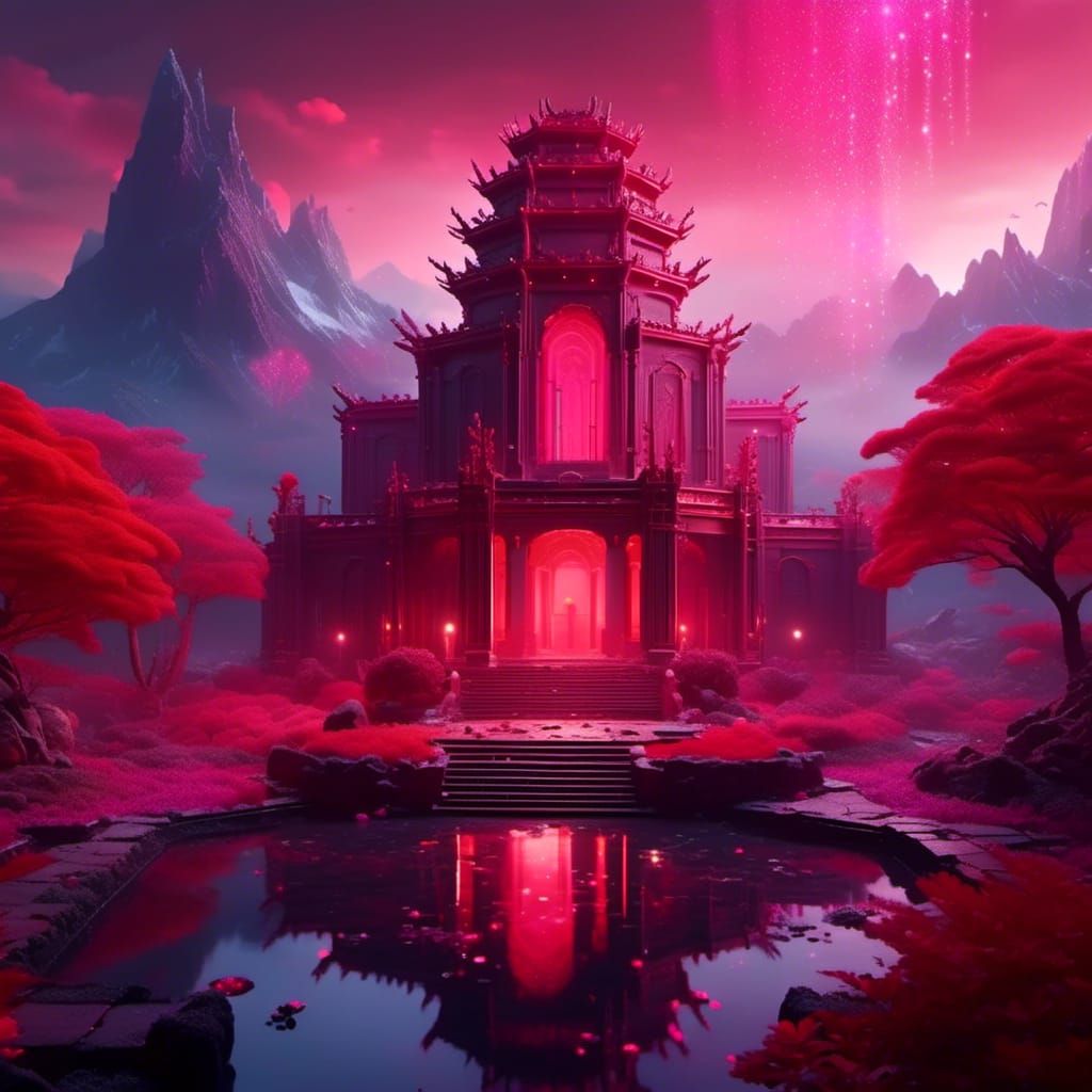 Abandoned Temple in Barren Landscape with Red Water