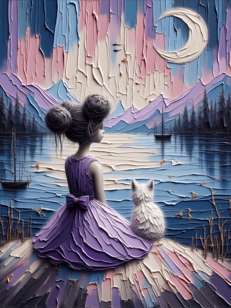 Moonfairy and Cat in Abstract Oil Painting