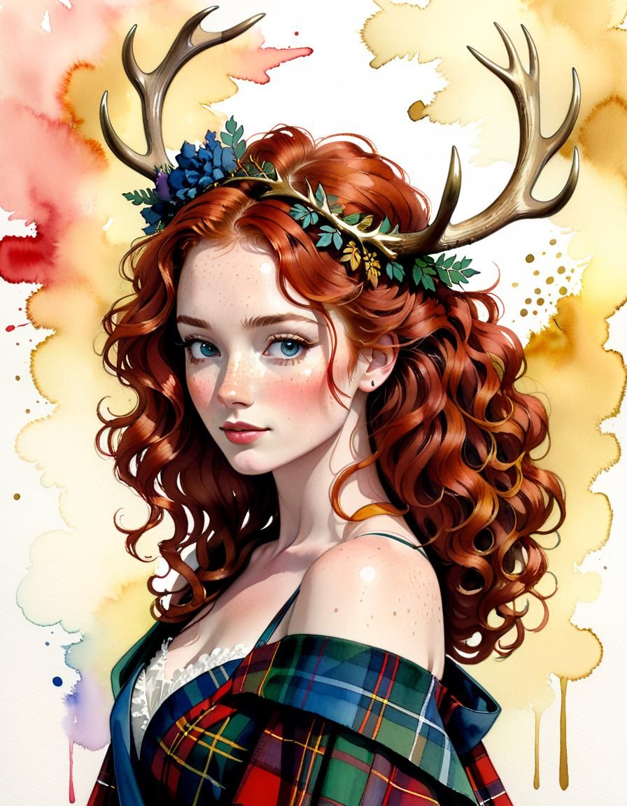 Scottish Woman in Tartan Gown, Watercolour Style