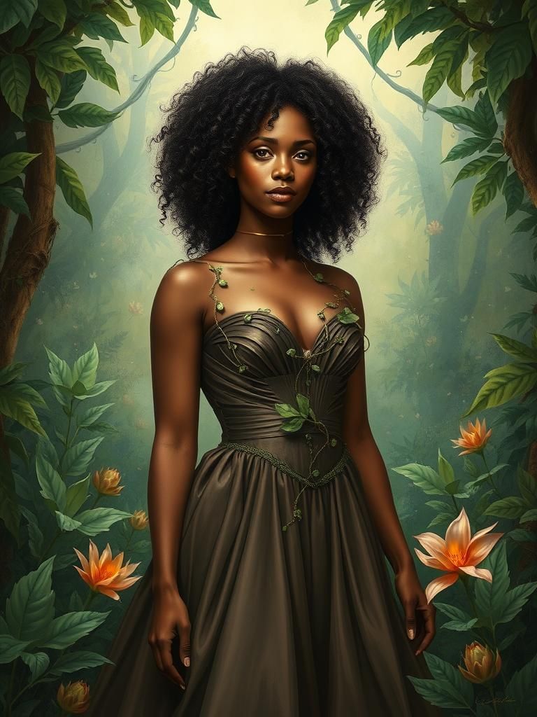 Mystical Black Woman in Ethereal Forest Gown